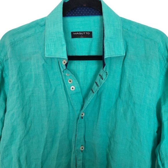 Masutto Mens L Green Long Sleeves Contrast Cuffs Linen Button Up Shirt Collared - Picture 2 of 8